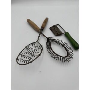 Antique Primitive Kitchen Tool Set Wood Handle Wire Whisk Vegetable Cutter 3pc